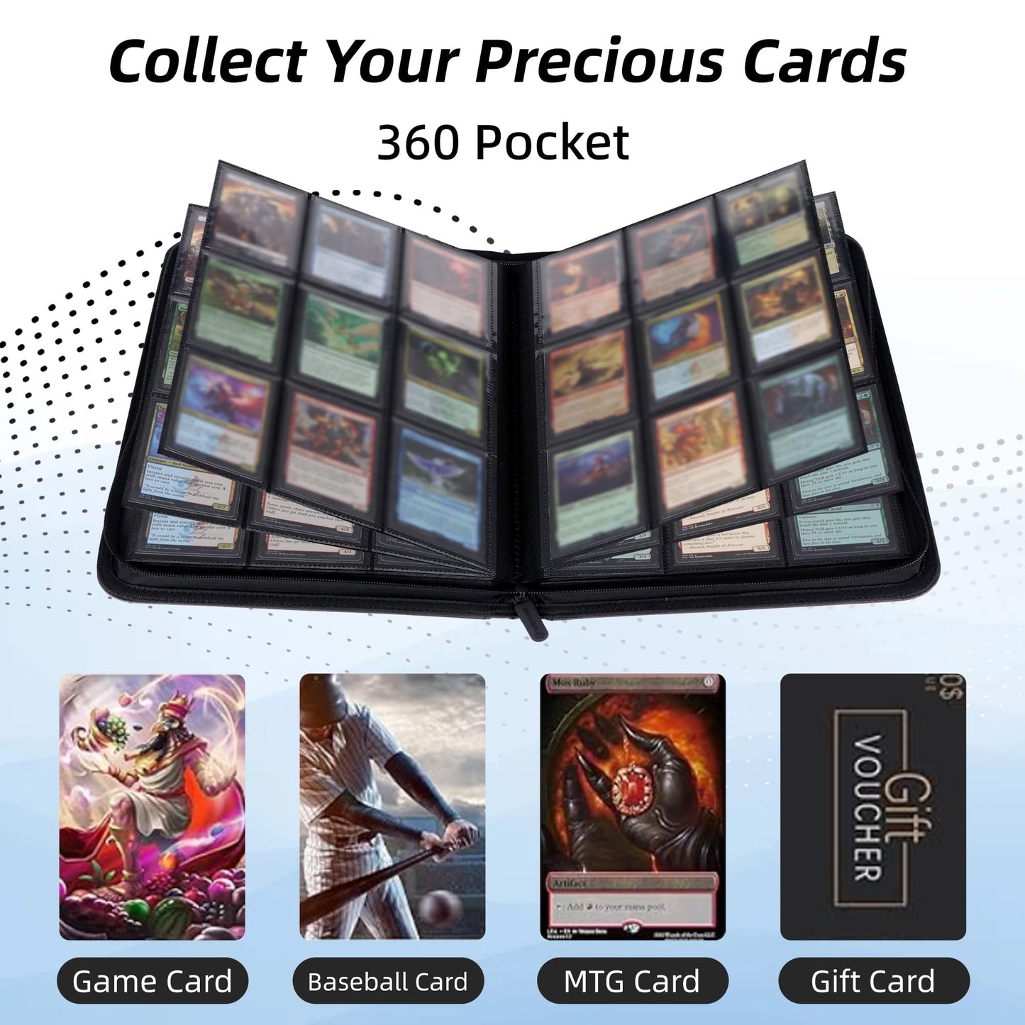 enhanced PU Leather Trading Card Binder  9-Pocket Album with Durable Zipper - 360 Side Loading Storage for TCG  MTG  Game  Sports  and Gift Cards - Suede Lining  Perfect for Collectors - Black