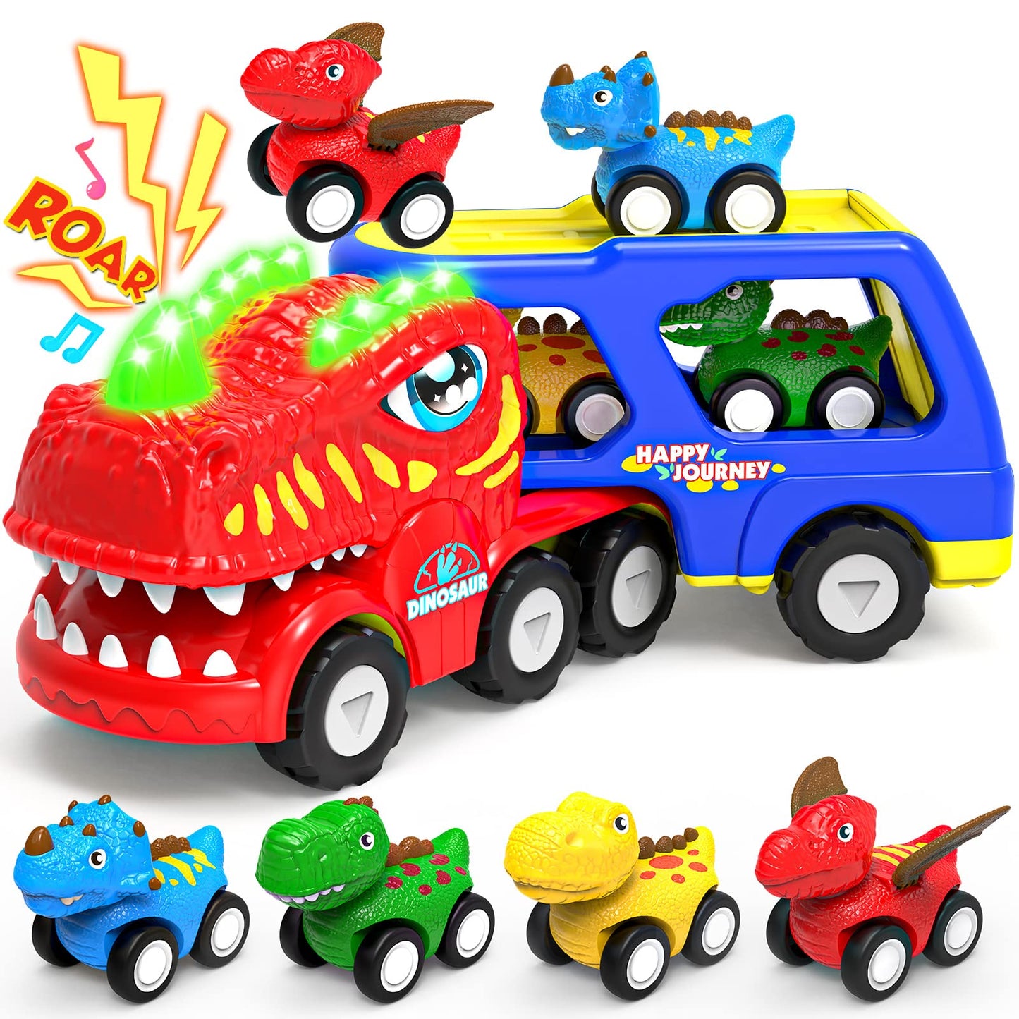 ENJSD 5-in-1 Toy Trucks for Boys 2-3 Years, Friction Powered, Red, Includes 4 Dinosaur Toy Cars, Flashing Light & Sound, Model G0111