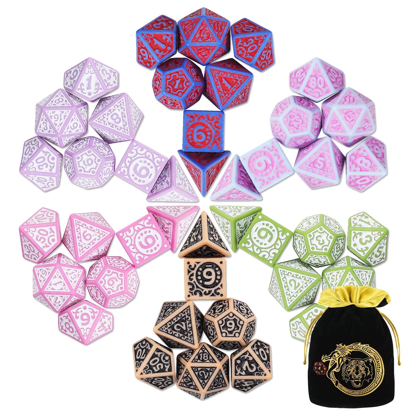 CiaraQ DND Polyhedral Dice Set (42pcs) with A Gold Pattern Drawstring Bag for Dungeons and Dragons RPG MTG Table Games. 6 Sets F