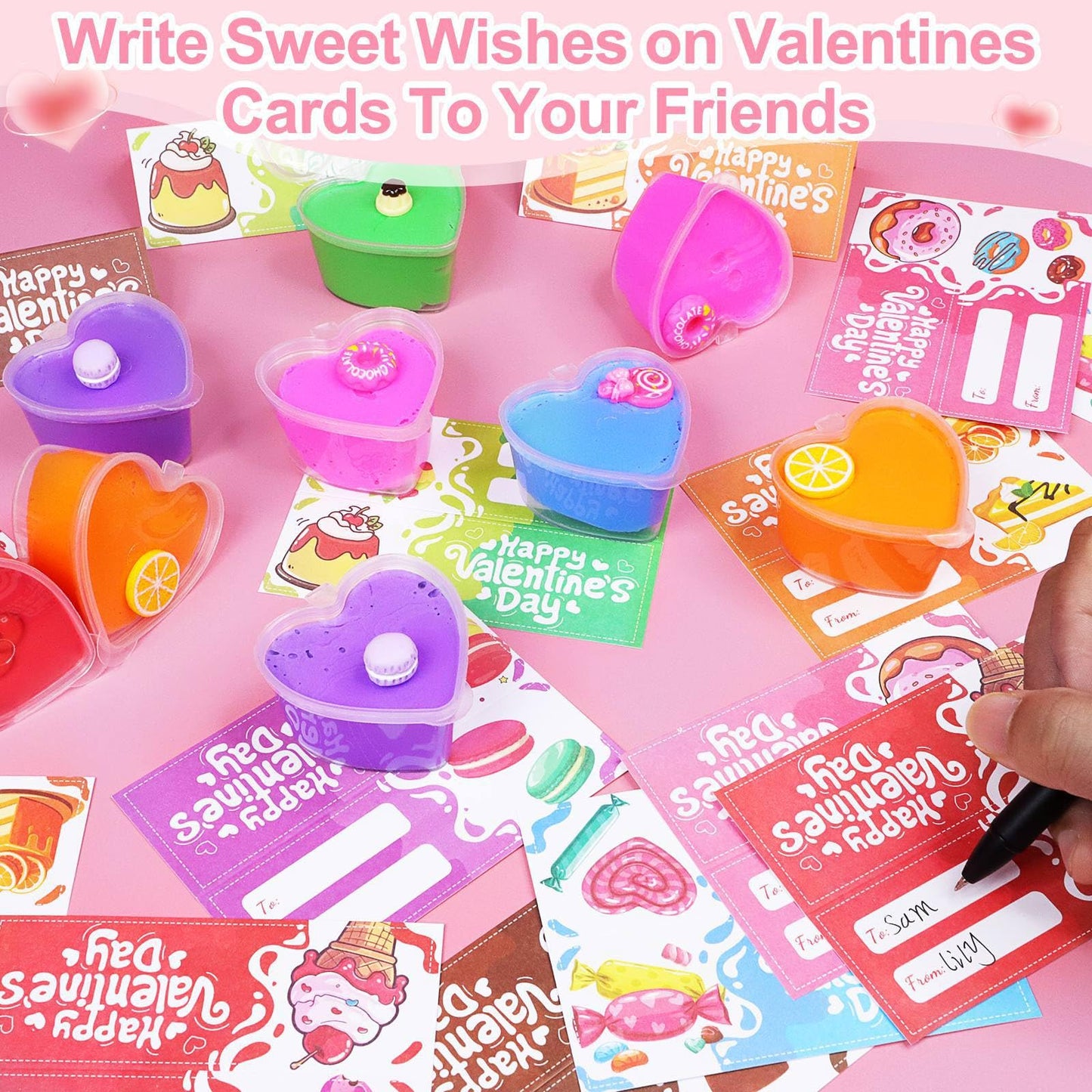 28 Pack Valentines Heart Cup Butter Slime With 7 Style Charms Valentine'S Cards, Valentines Day Gifts For Kids Soft & Non-Sticky
