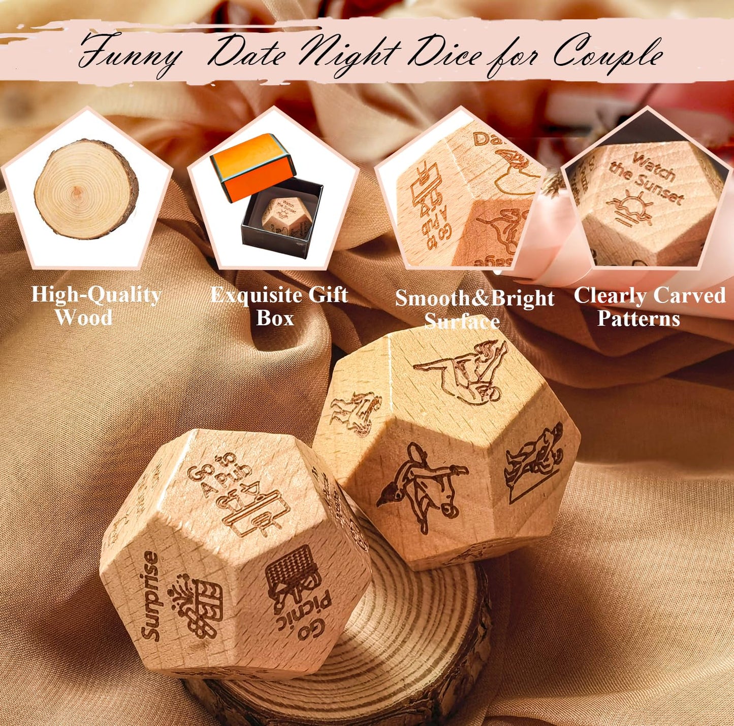 2Pcs Date Night Dice For Couples, Valentine'S Day Gifts For Husband Wife Boyfriend Girlfriend Him Her, 12-Side Date Night Ideas