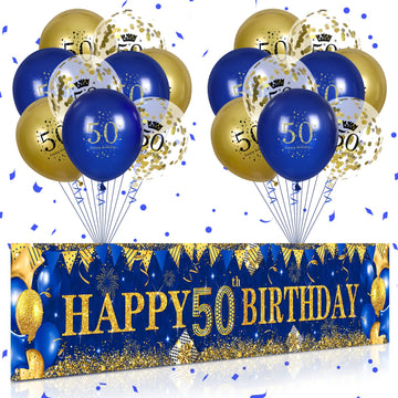 50Th Birthday Decorations For Men Women Blue And Gold,Navy Blue Gold Birthday Yard Banner And 18 Pcs 50Th Happy Birthday Balloons For 50Th Anniversary Birthday Party Supplies Indoor Outdoor Yard Decor