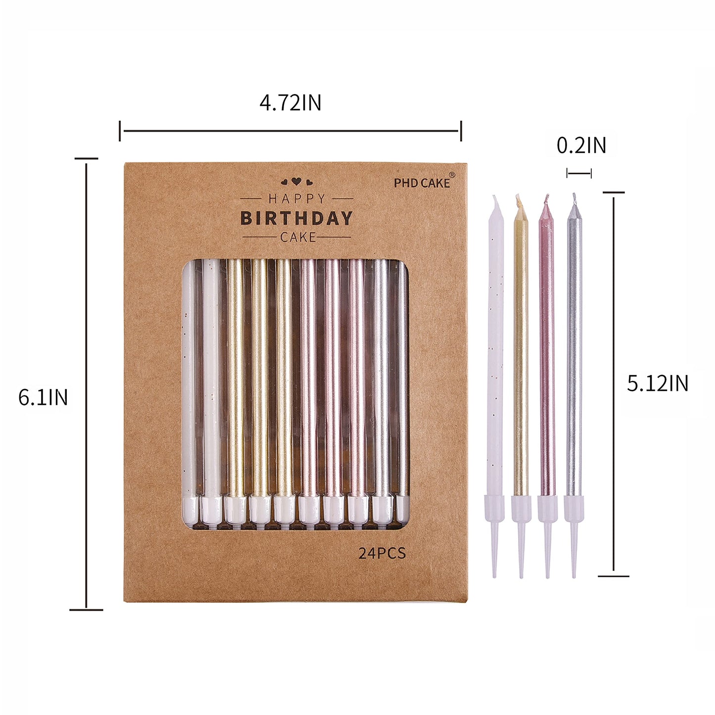 PHD CAKE 24-Count Long Birthday Candles in Holders in Gold Silver Rose Gold White, Cake Candles, Birthday Parties, Wedding Decor