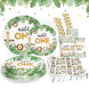 Heboland Wild One Birthday Decorations Plates Set for 25 Guests, Safari Jungle Theme Plates and Cups and Napkins Straws Sets Boy