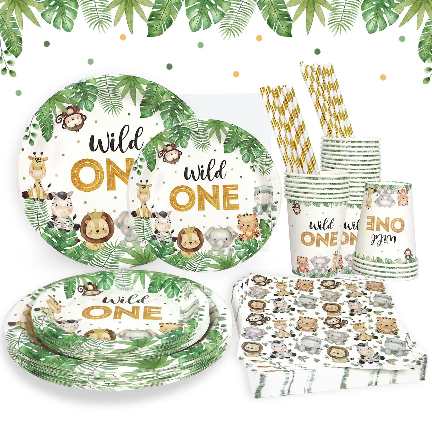 Heboland Wild One Birthday Decorations Plates Set for 25 Guests, Safari Jungle Theme Plates and Cups and Napkins Straws Sets Boy