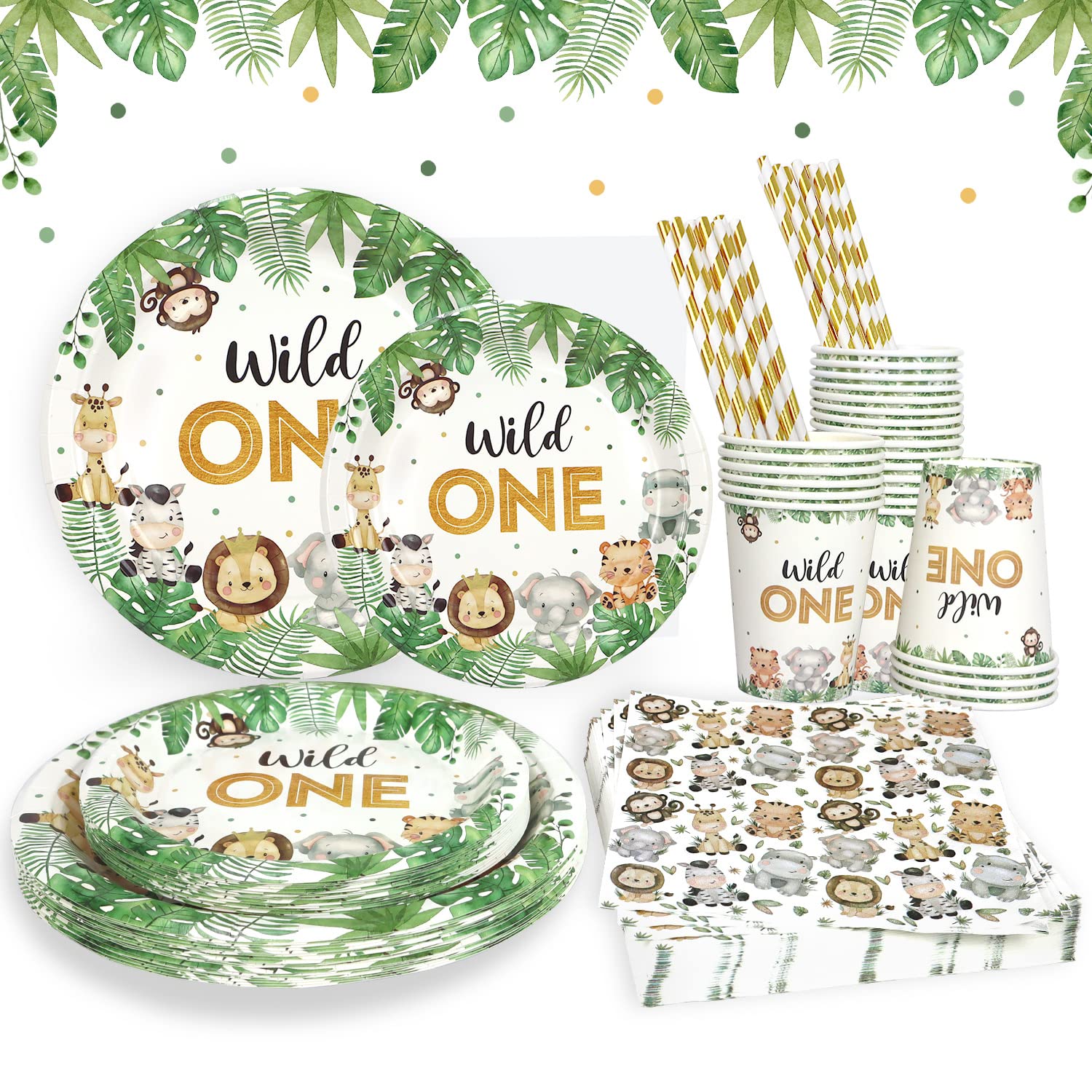 Heboland Wild One Birthday Decorations Plates Set for 25 Guests, Safari Jungle Theme Plates and Cups and Napkins Straws Sets Boy