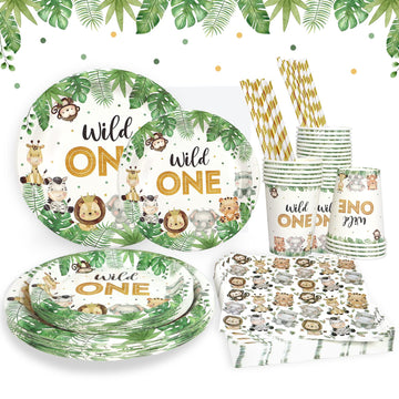 Heboland Wild One Birthday Decorations Plates Set for 25 Guests, Safari Jungle Theme Plates and Cups and Napkins Straws Sets Boy