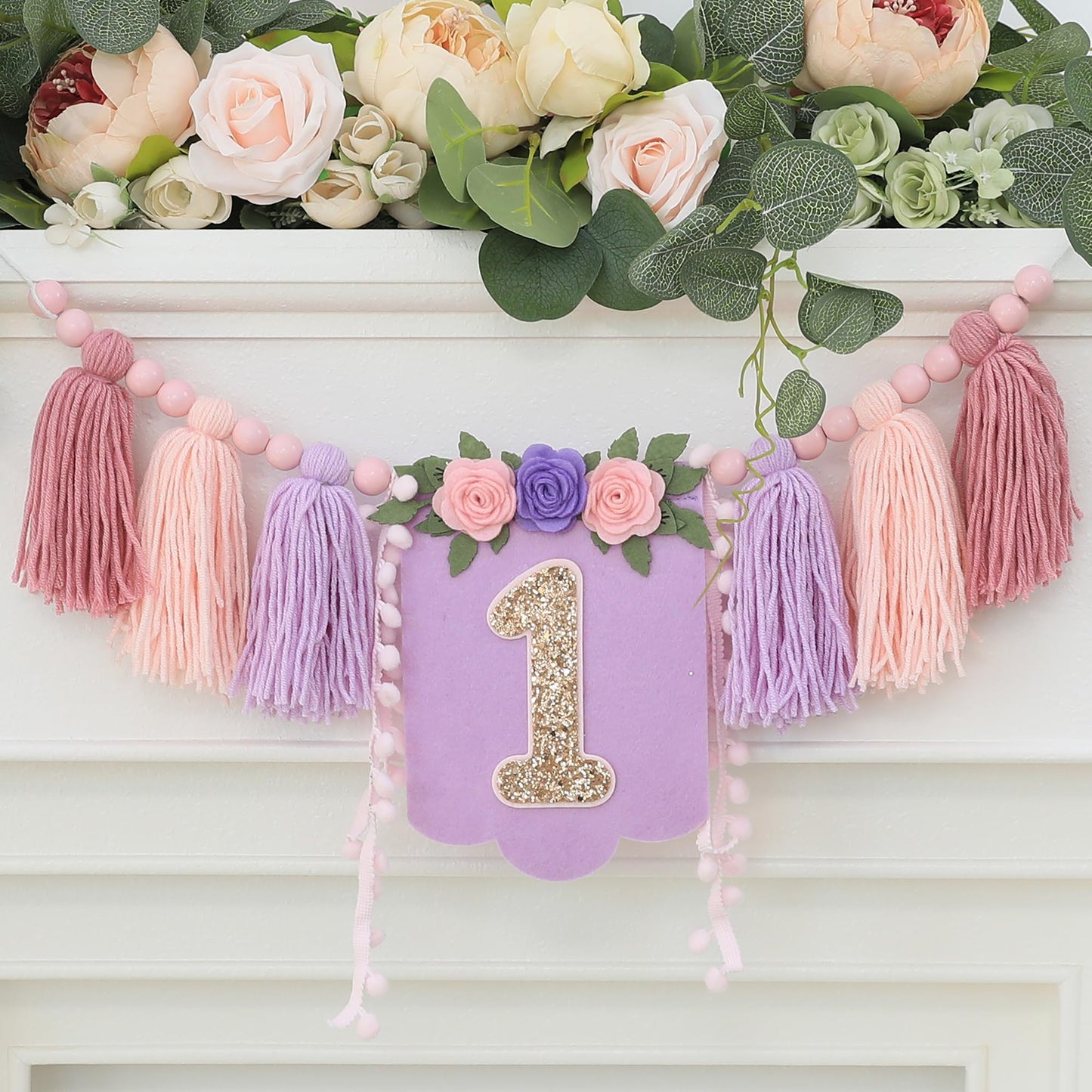 HODIHIWI Handmade Wildflower 1st Birthday High Chair Banner Purple Pink Flower Theme Party Decoration For Girls Wall Hangings De