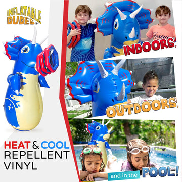Inflatable Dudes Dinosaur 47 Inches- Kids Punching Bag| Already Filled With Sand |Triceratops Bop Bag |Ring Toss With 3 Inflatab