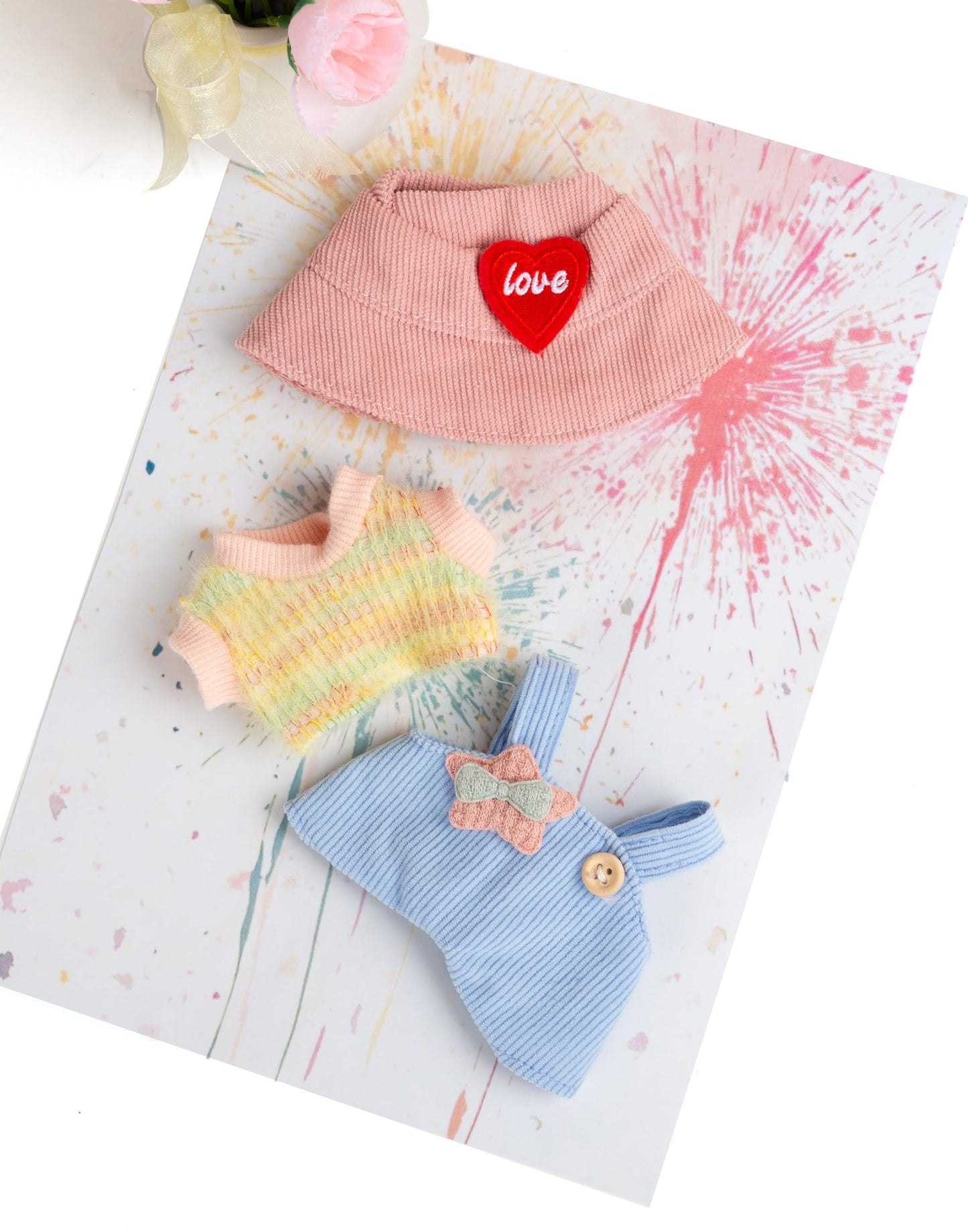 17 cm Doll Clothes  3-Piece Set Stylish Clothes for 17cm Doll  enhanced Outfit with Accessories for Doll - Red Heart Pink Hat & Tshirt & Star Romper (NO Doll)