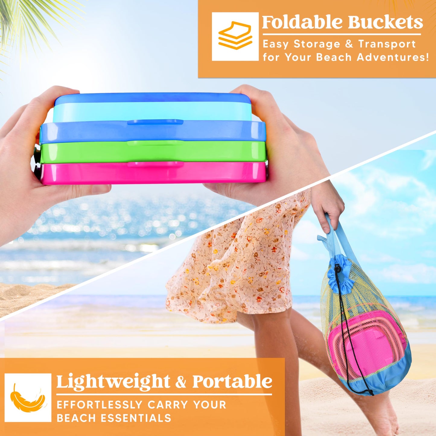 Sloosh 3 Pcs Foldable Buckets With 3 Shovels, Square Sand Water Bucket Sandbox Party In Summer Collapsible Silicone Pail Bucket