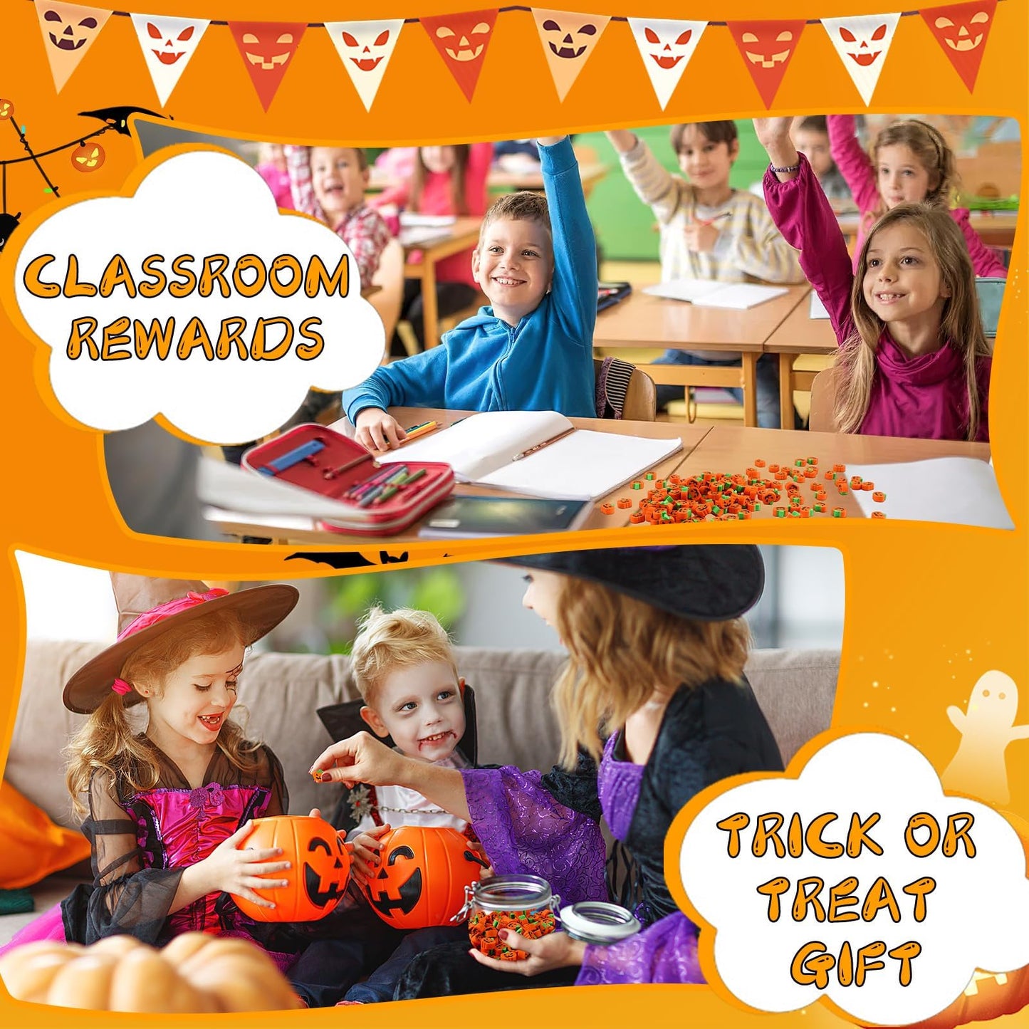 JUNEBRUSHS 150 Pcs Halloween Mini Erasers, Cute Small Pumpkin Erasers Bulk for Kids Trick or Treat Halloween Party Favors, Stude