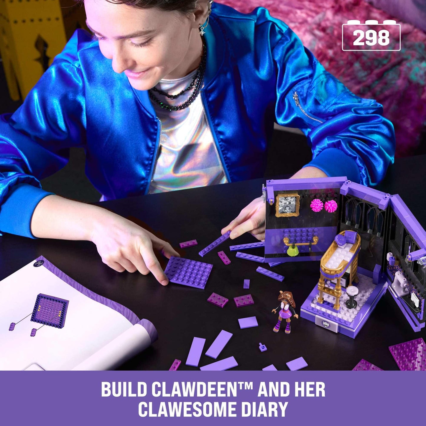 Mega Monster High Action Figure Building Set - Clawdeen's Boo-k Den, 299 Pieces, Multicolor, Model HXM32, Unique Size