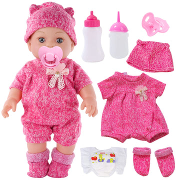 Dontno 12 Inch Baby Doll With Clothes And Accessories, Reborn Alive Baby Doll Feeding And Caring Set With Baby Bottles Diaper Nipple For Little Girls Pretend Play Set