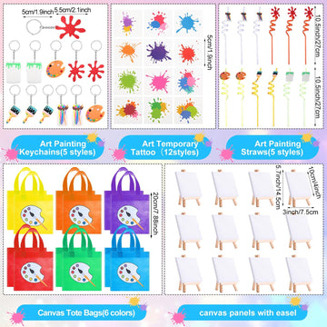 Zhanmai Paint Party Favors Kids Toddler Art Party Painting Canvas Watercolor Paints Art Painting Straws Keychain Temporary Tatto