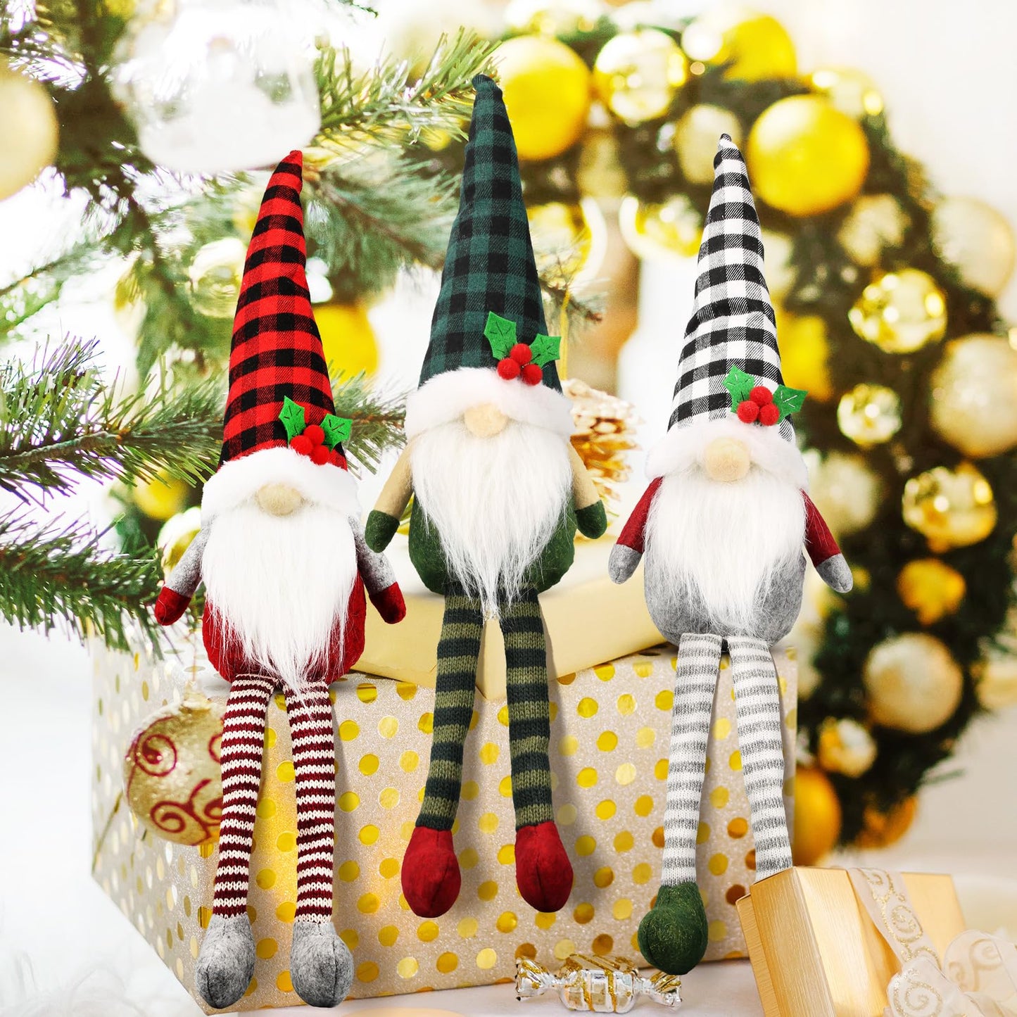 Teeker 3Pcs Christmas Gnomes Plush - Handmade Xmas Gnomes Santa Scandinavian Tomte Ornaments - Buffalo Check Plaid Christmas Gno