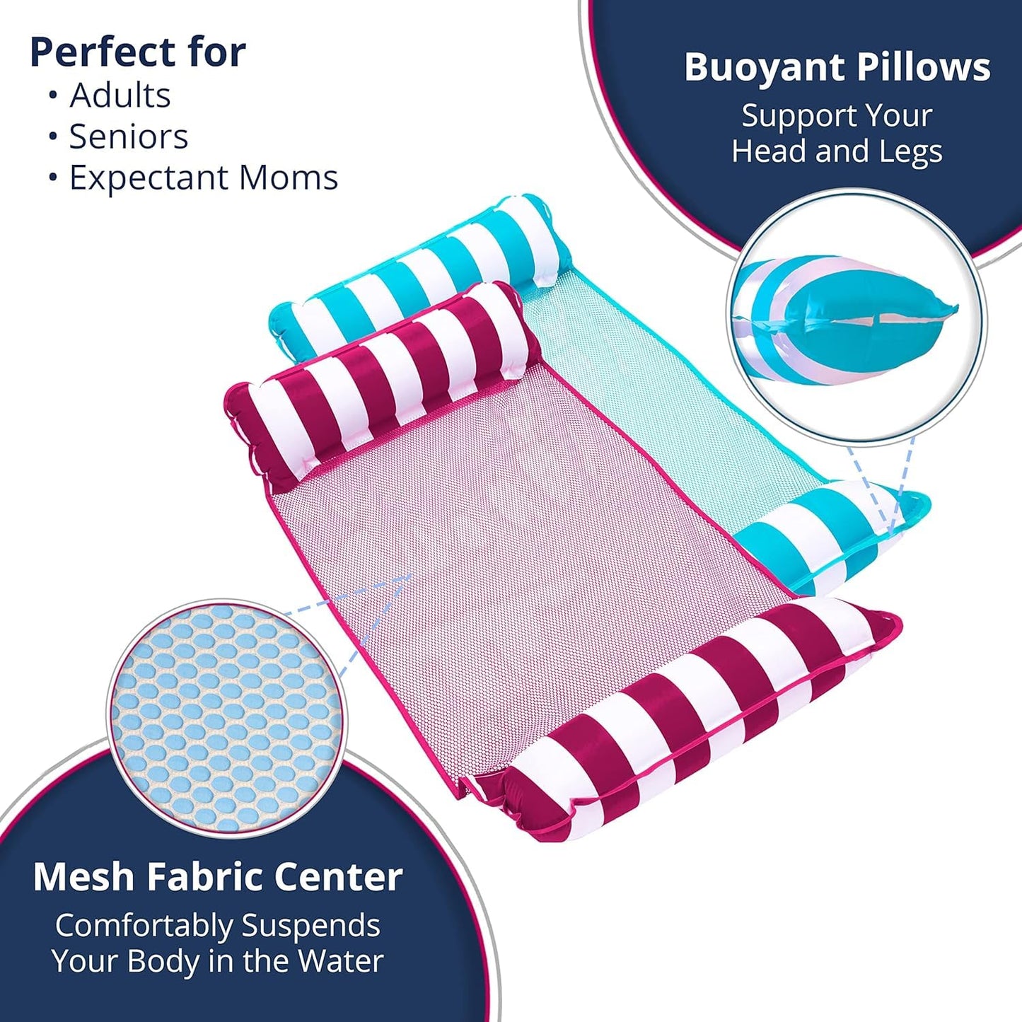 3 Pack - Aqua Original 4-in-1 Monterey Hammock, Inflatable Pool Floats for Adults, Patented Thick, Non-Stick PVC Material, 2 Lig