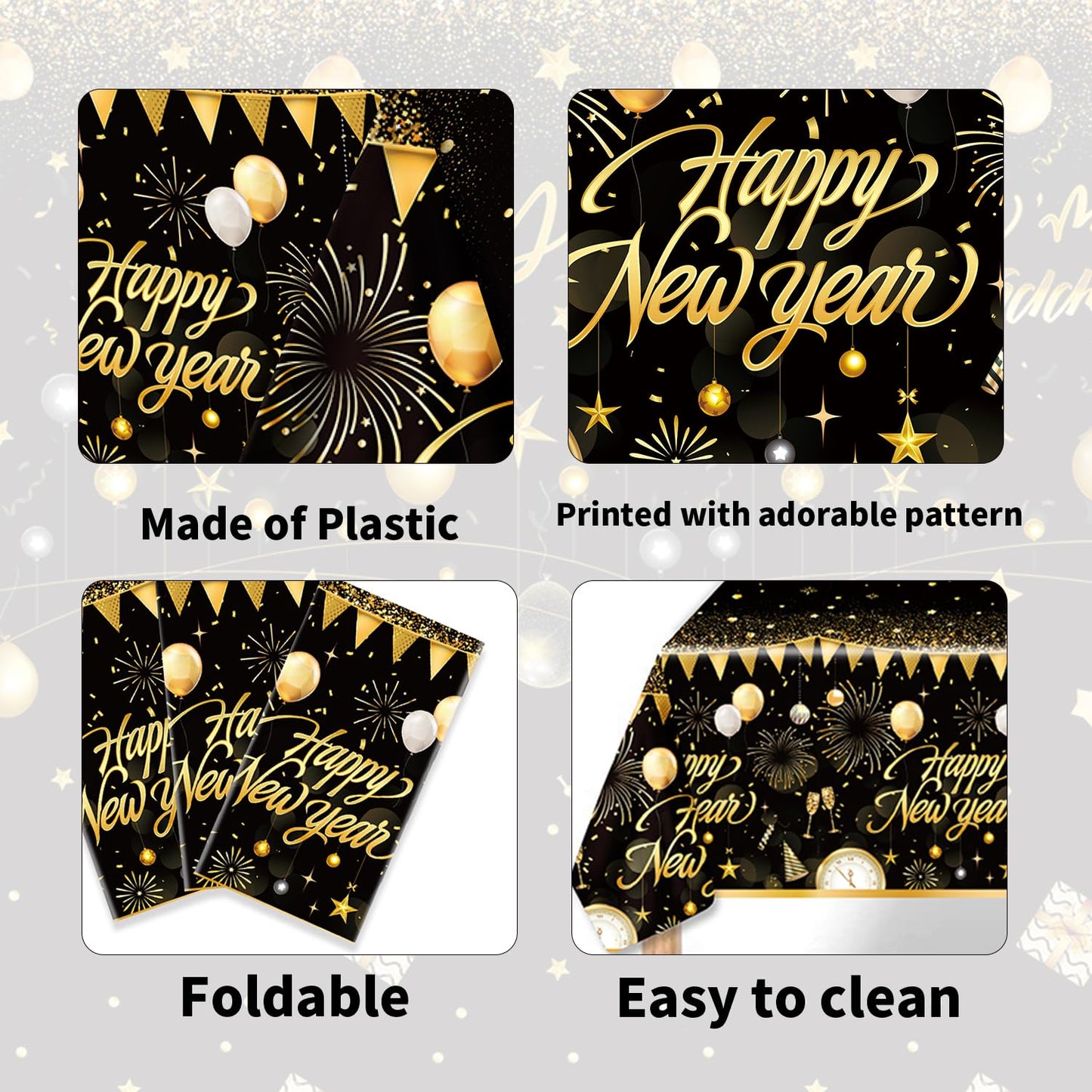 6PCS Happy New Year Tablecloth, Disposable Black Gold NYE Party Tablecloth Decorations, Rectangular Plastic New Year Table Cover