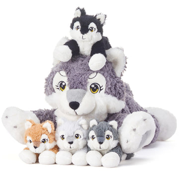 Ikasa Mommy Wolf Stuffed Animal Mom And Baby Plush Toy, Cute 18' Soft Small Mama Family Set With Little Mini Babies,Gifts For Kid (Wolf)