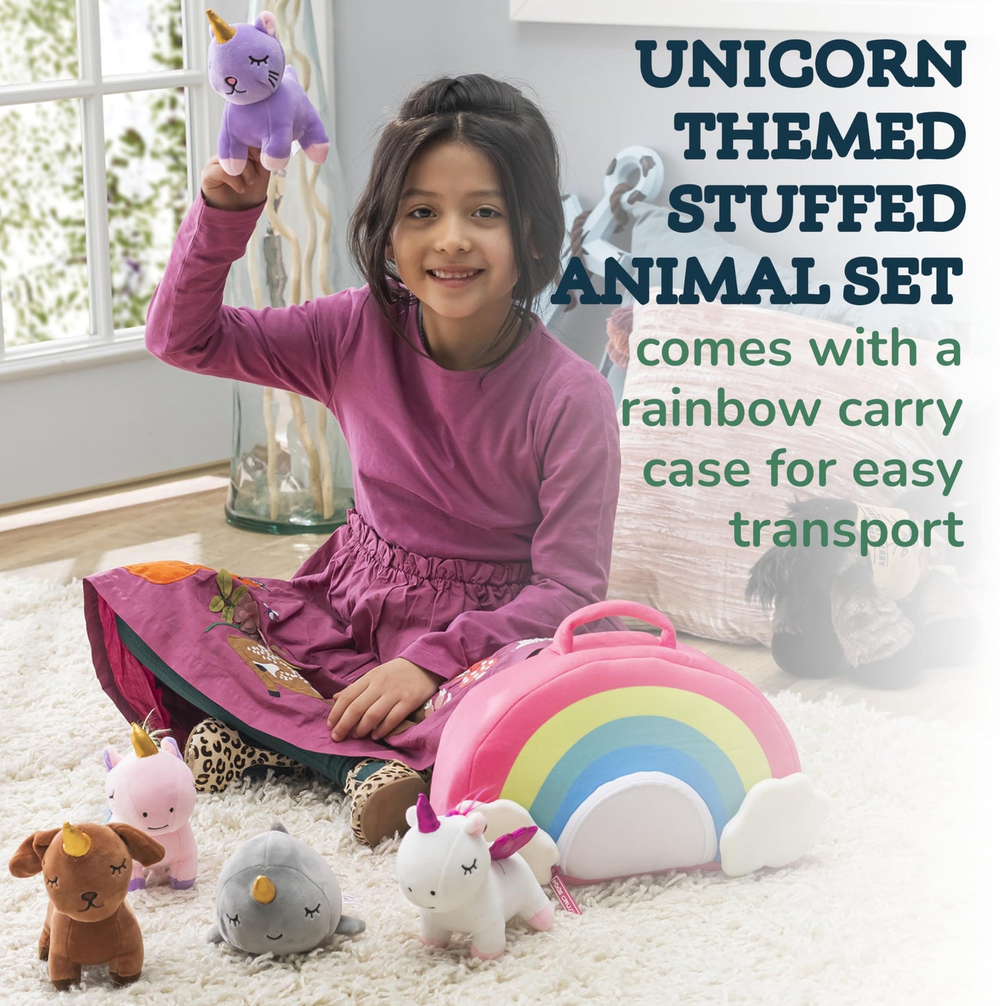 Pixiecrush Unicorn Stuffed Animal Set - 5 Plush Toys For Girls With Narwhal, Puppycorn, Kittycorn And Rainbow Unicorn - Soft Plushies With Carry Case - Gift For Kids Ages 3 And Up