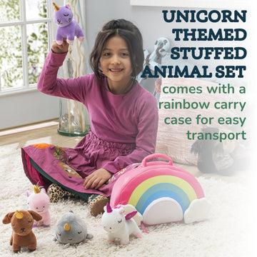 Pixiecrush Unicorn Stuffed Animal Set - 5 Plush Toys For Girls With Narwhal, Puppycorn, Kittycorn And Rainbow Unicorn - Soft Plushies With Carry Case - Gift For Kids Ages 3 And Up