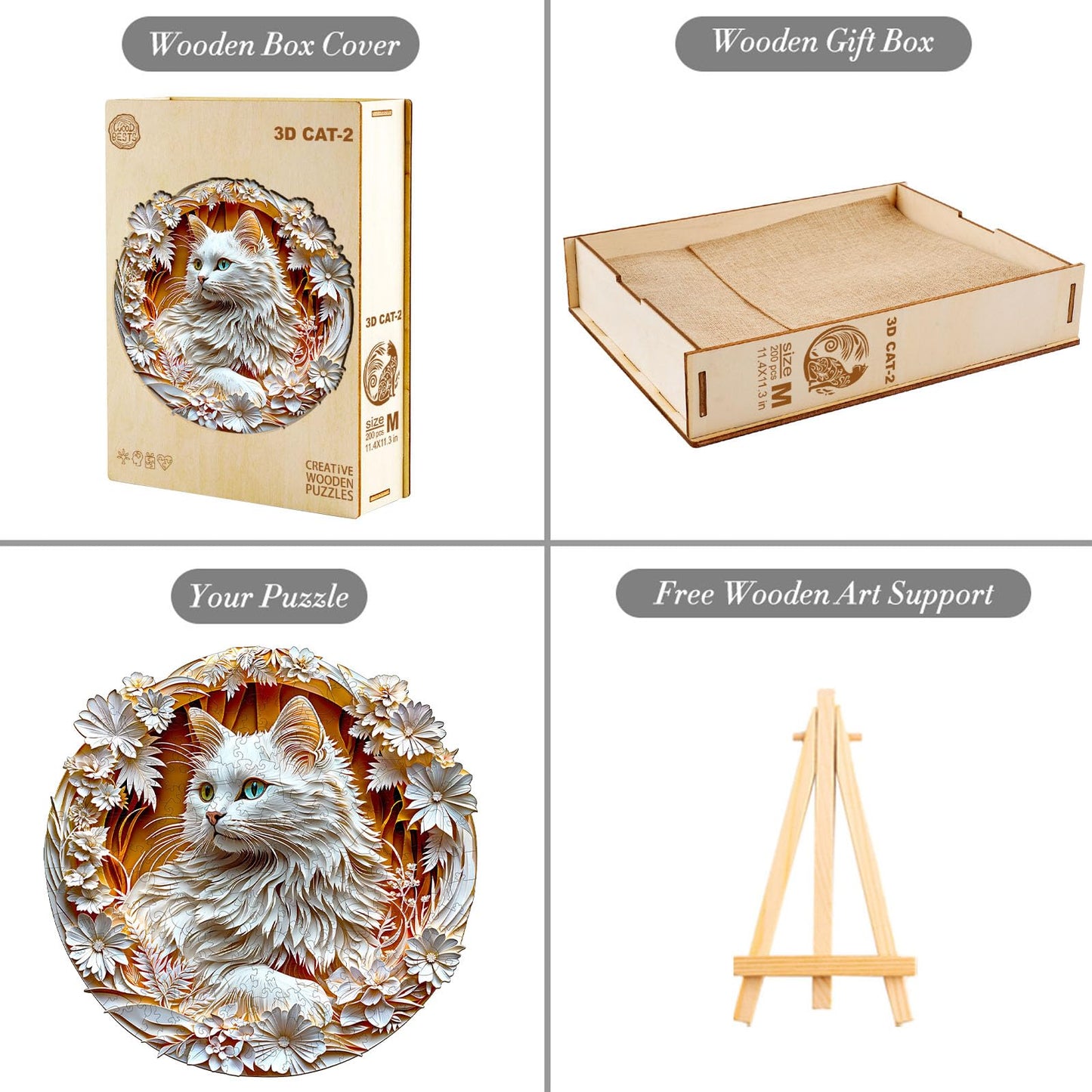 Wooden Puzzle for mature-themeds-3D Visual Effect White Cat Wooden Puzzle Unique Shape Advanced Wooden Jigsaw Puzzle for mature-themed  Best Birthday Gifts Halloween Challenge Craft (S-8.5 * 8.4in-100pcs)