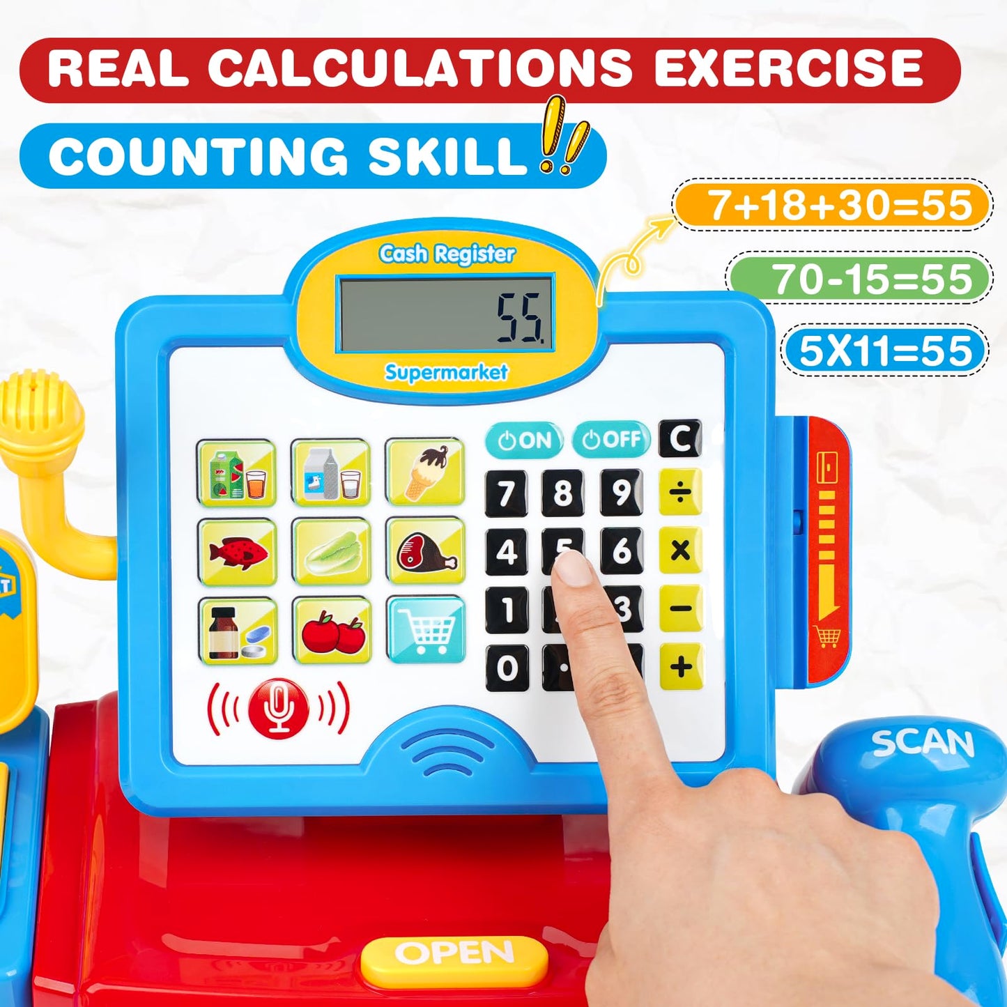 Cash Register Toy For Kids With Real Calculator, Cashier Register With Scanner/Weighter/Credit Card/ Play Money/ Food/Microphone