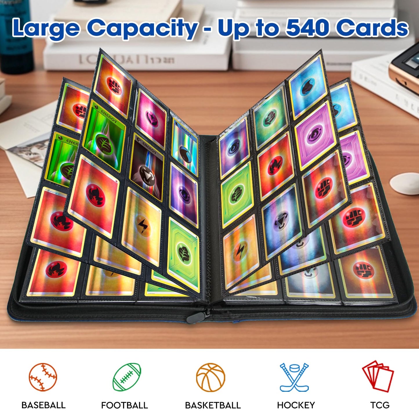 Old Canal Trading Card Binder  9 Pocket Card Album Folder Hold Up to 540 Cards  enhanced and Durable Zipper Binder  Cards Holder Album for MTG  TCG  Baseball Cards  Football Cards (Sapphire Blue)