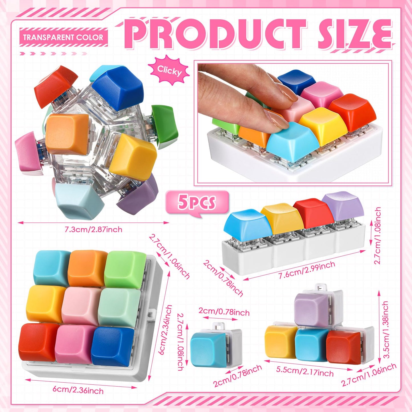 Halloscume 5 Pcs Keyboard mature-themed Fidget Toy Clicker Toy in 5 Styles Keyboard Fidget Keychain Cube Mechanical Key Button Clicker Stress Relief Gift for Office Home Pass Time(Candy Colors)