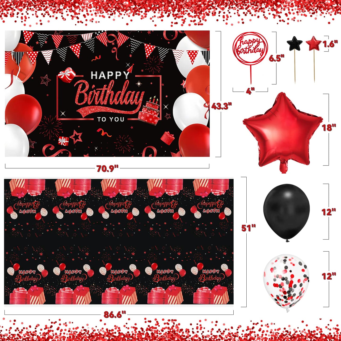 Red Birthday Decorations For Men Women Boys Girls, Red And Black Party Decorations, Include Balloons Arch Garland Kit, Happy Bir