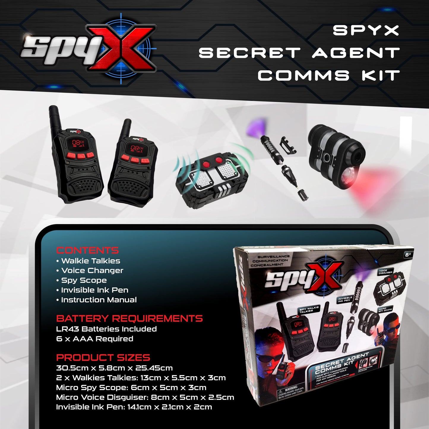Spyx / Secret Agent Comms Kit - Includes Spy Toy Walkie-Talkie Pair / Micro Spy Scope / Invisible Ink Pen / Secret Voice Disguiser. 4 Communication & Surveillance Tools For Spy Kids