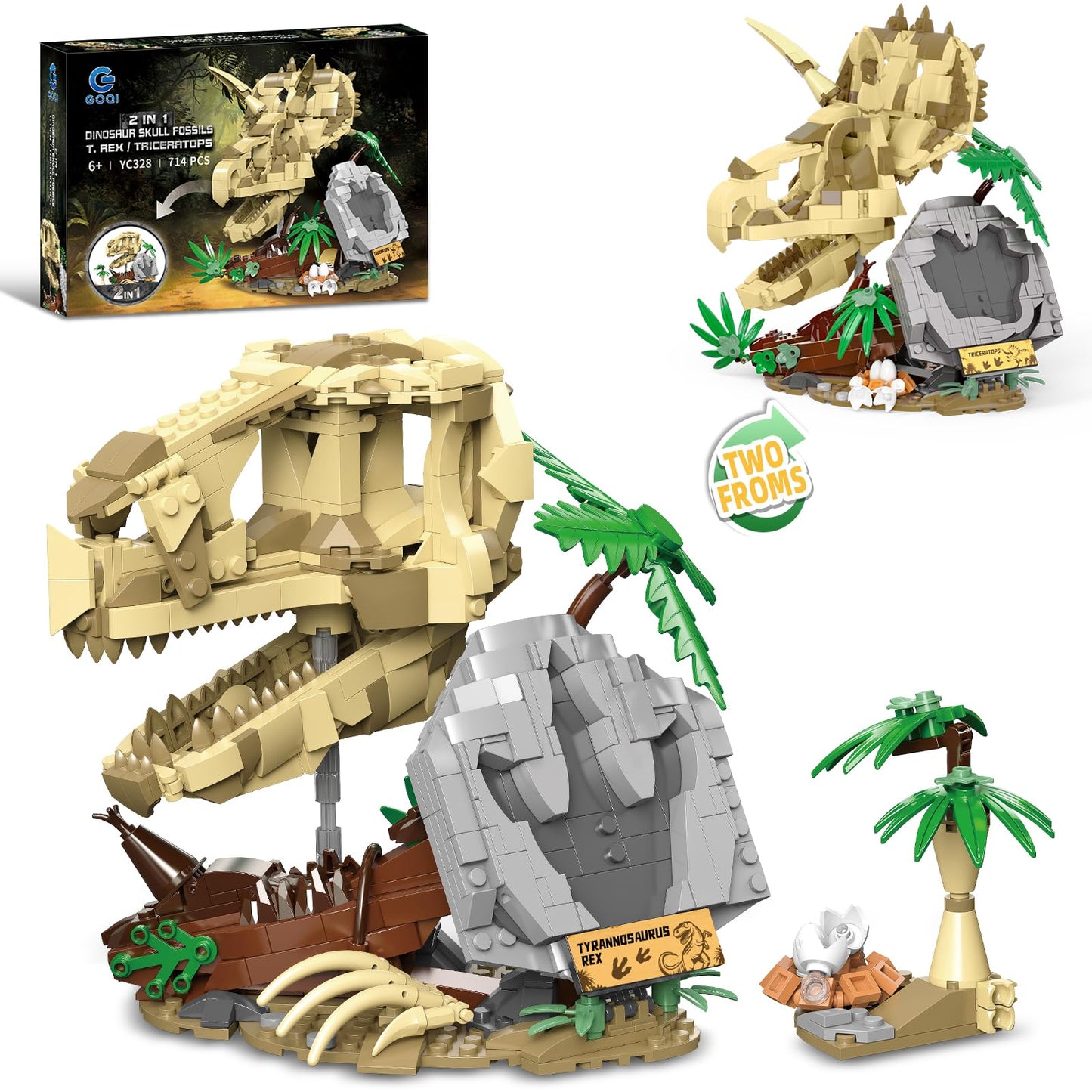 Qlt 2 In 1 Jurassic Dinosaur Skull Fossils Building Set: T. Rex, Triceratops, Stem Educational Dino Toy Skeleton Model For Kids, Compatible With Lego Adults, Great Gift For Boys Girls (714 Pcs)