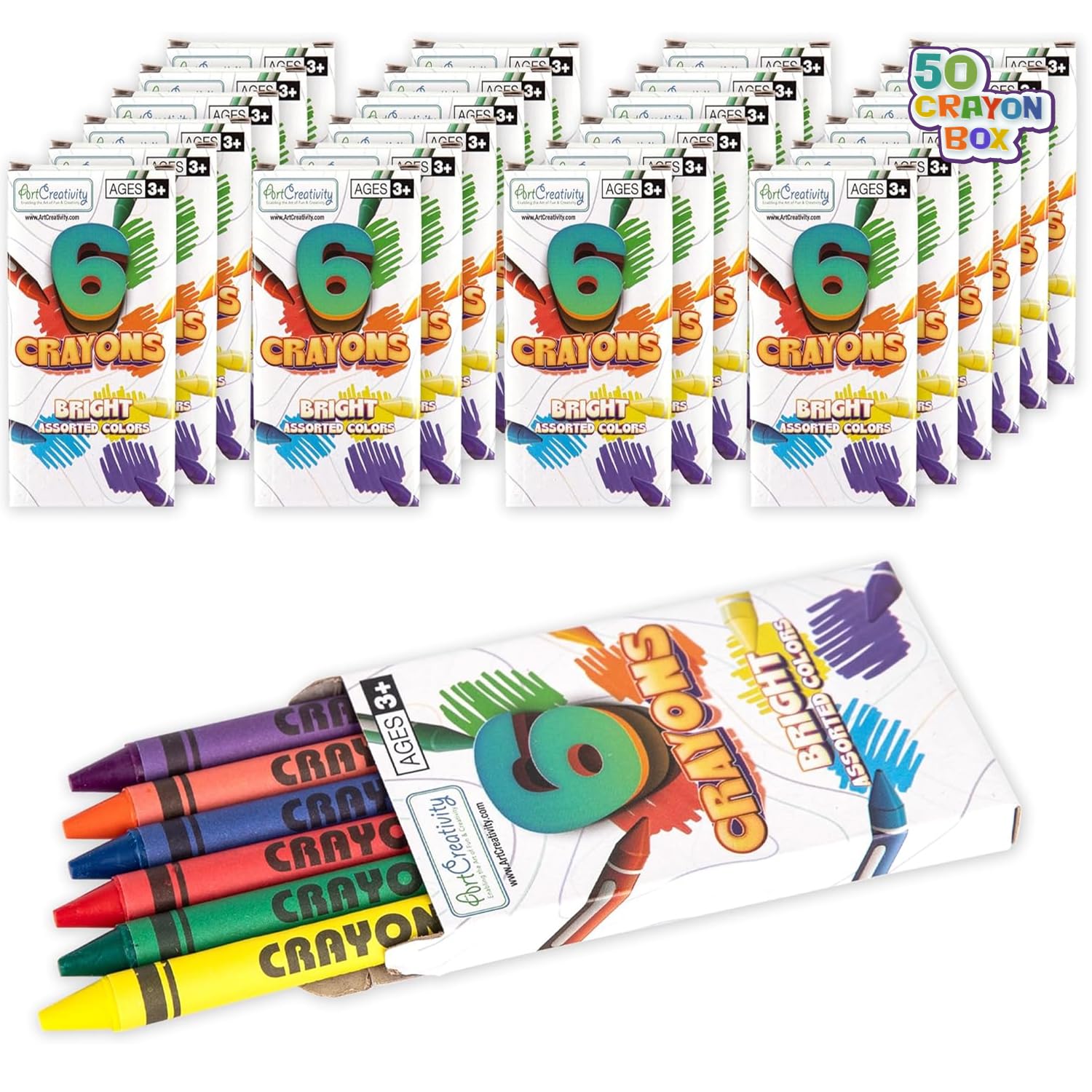 ArtCreativity Crayons Bulk Set - 50 Crayon Packs - 6 in Each Pack - 300 Total - Crayons for Kids in Red, Orange, Yellow, Green, 