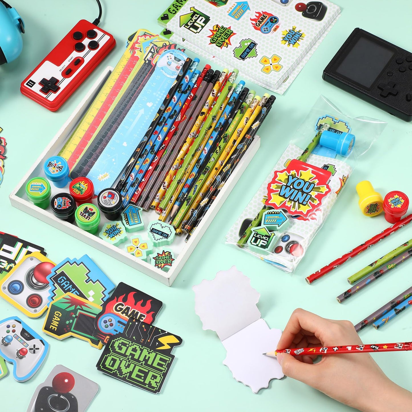 Cholemy 168 Pcs Video Game Party Favors Include Gaming Mini Notebook Gamer Birthday Sticker Pencil Stamper Ruler Eraser for Boy