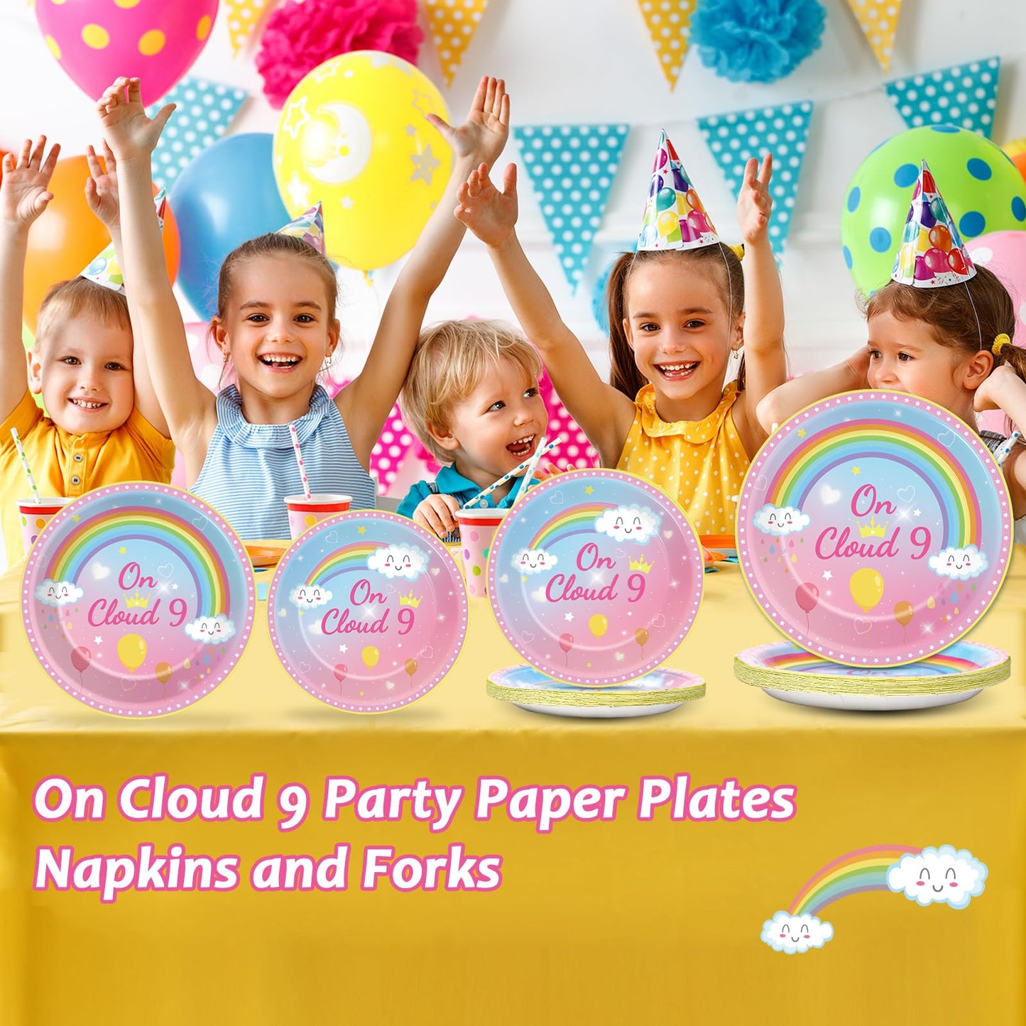 96 Pcs On Cloud 9 Birthday Decorations For Girls On Cloud 9 Party Plates And Napkins Supplies 9Th Birthdaytableware Set Rainbow