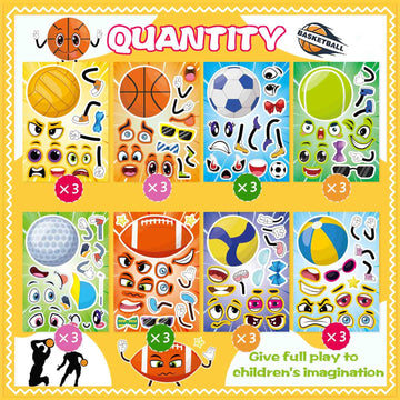 24 Pcs Sport Ball Stickers For Kids, Make A Face Stickers, Make Your Own Mix And Match Sticker Sheets, Basketball, Baseball, Foo