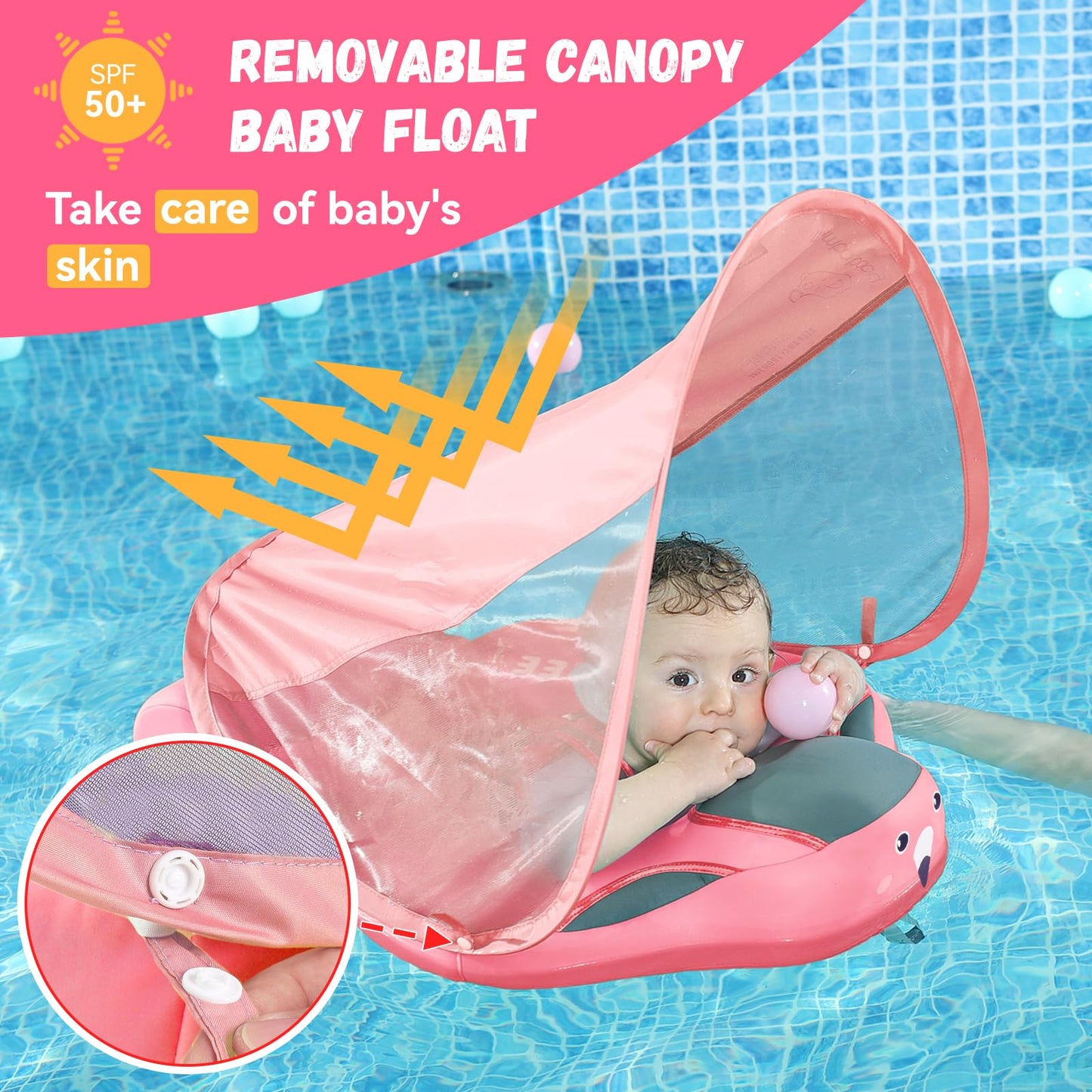 Genteaco Mambobaby Baby Pool Float With Removable Canopy 3-24 Months Baby Float Non-Inflatable Infant Swim Float Add Tail Avoid