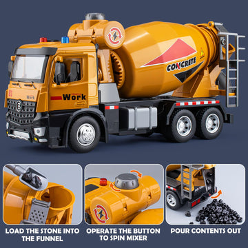 HAPYAD Cement Mixer Toy Truck Metal Cab, Big Construction Truck with Lights Sounds and Working Movable Parts, Friction Powered C
