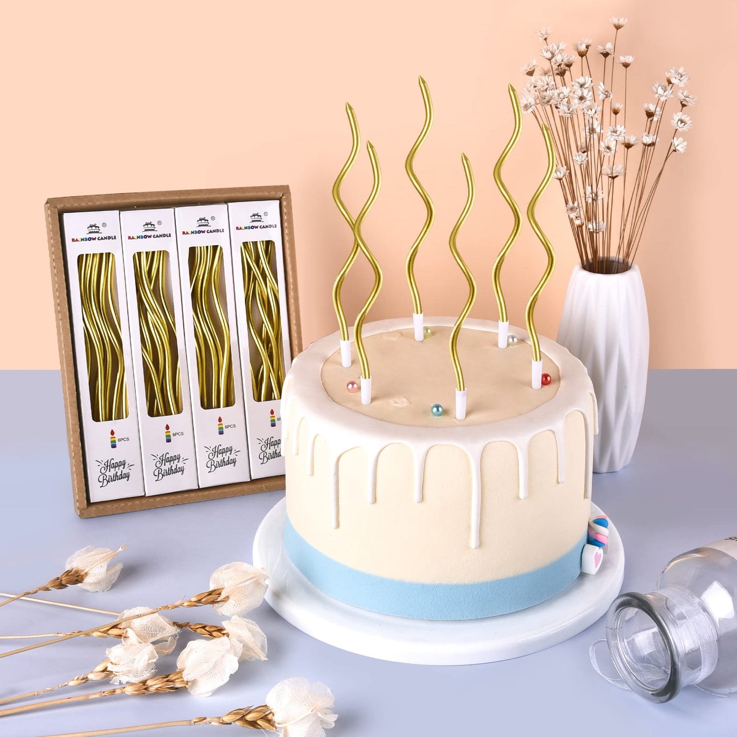 PHD CAKE Gold Spiral Metallic Birthday Candles, 24-Count, 7.1 inches, Perfect for Parties and Weddings