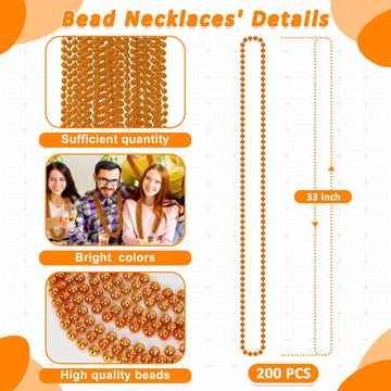Beaded Necklace, 200 PCS 33'' Orange Mardi Gras Beads, Mardi Gras Accessories, Costume Bead Necklace Bulk, Party Parade Beads fo
