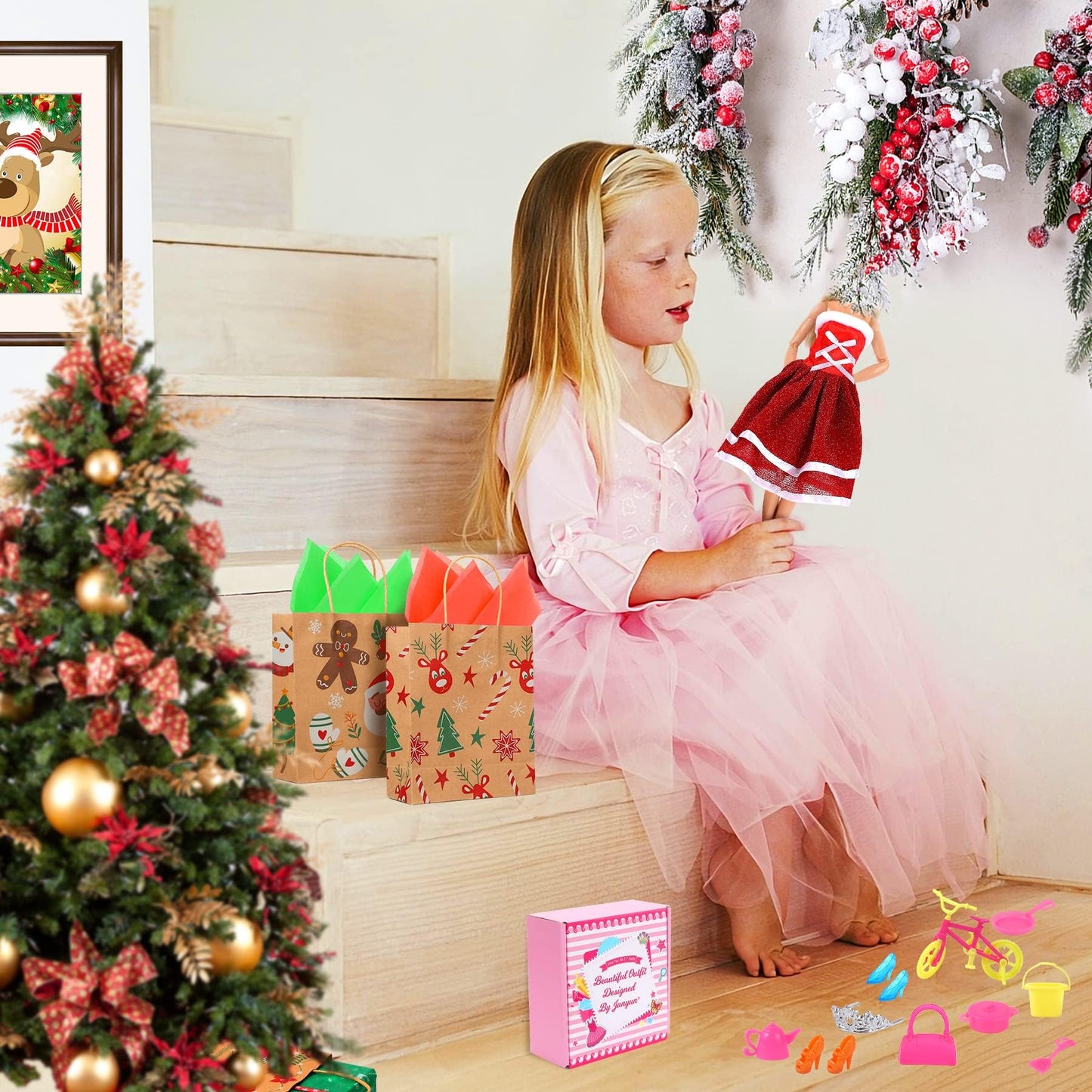 Janyun Dresses Accessories, 6 Styles Christmas Doll Clothes With 6 Pcs Xmas Hats Party Gown Outfits Set For Doll And 98Pcs Girl Dolls Shoes Necklace Bags Hanger Tableware Mirror