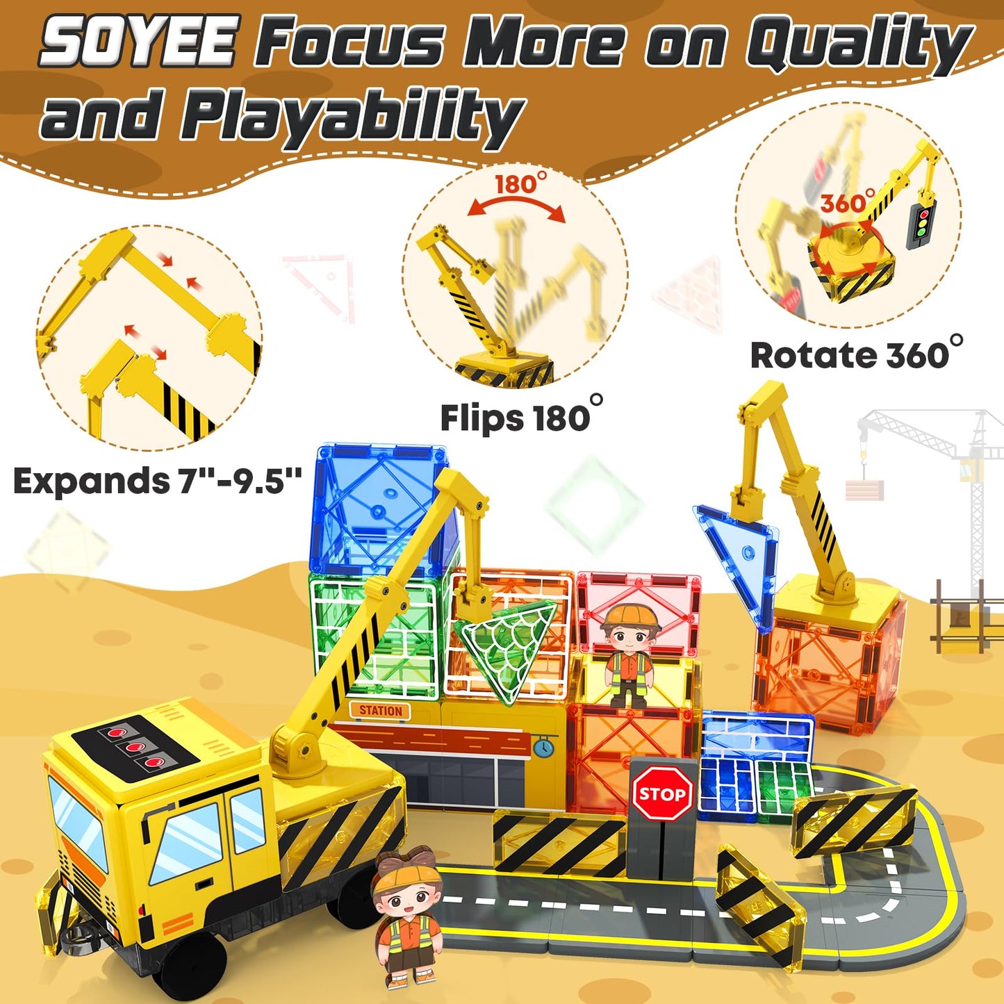 Magnetic Tiles Magnetic Construction Set With 2 Cranes Boys Toys For Ages 3-5 5-7 8-10 Building Toys Includes Crane, Road Tracks, Train, Train Tracks, Dolls, Car Toy, Traffic Lights And Stations