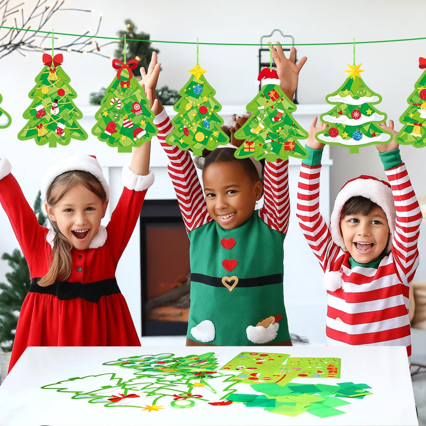 DoubleFill 48 Sets Christmas Tree Suncatchers Craft Kit Xmas Ornaments Stained Glass Christmas Window Crafts Kit for Classroom H