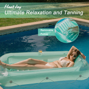 Float Joy Inflatable Tanning Pool Lounger - Large Clear Mint Green PVC Float for Sunbathing and Relaxation
