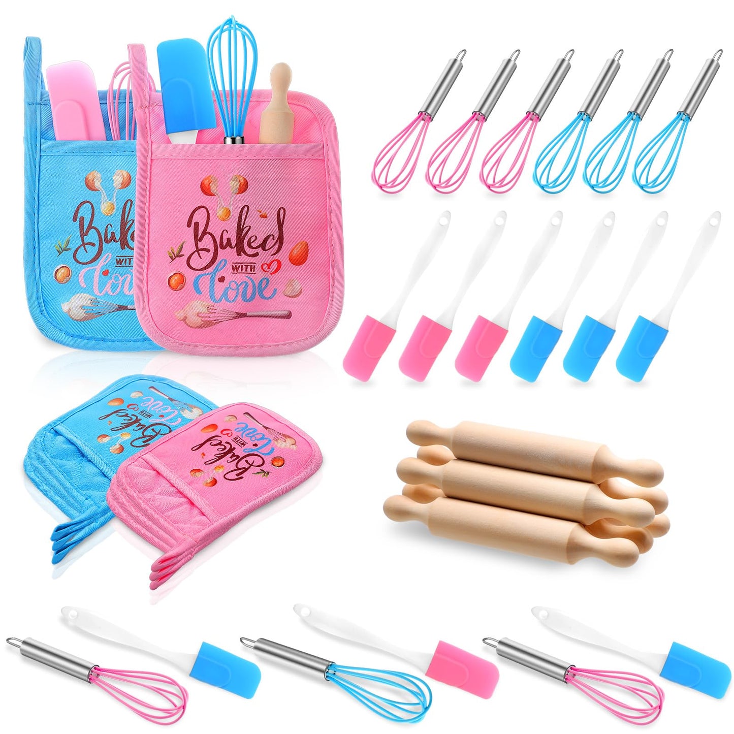 Roundfunny 24 Pcs Kids Baking Supplies For Real Cooking Games Prize Party Favors, With Kitchen Utensil, Pot Holders, Spatula, Ro