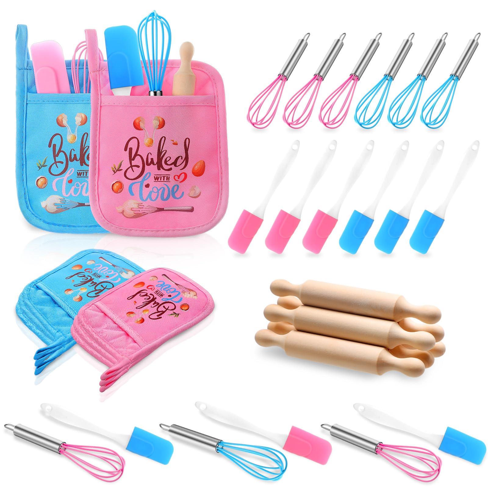 Roundfunny 24 Pcs Kids Baking Supplies For Real Cooking Games Prize Party Favors, With Kitchen Utensil, Pot Holders, Spatula, Ro