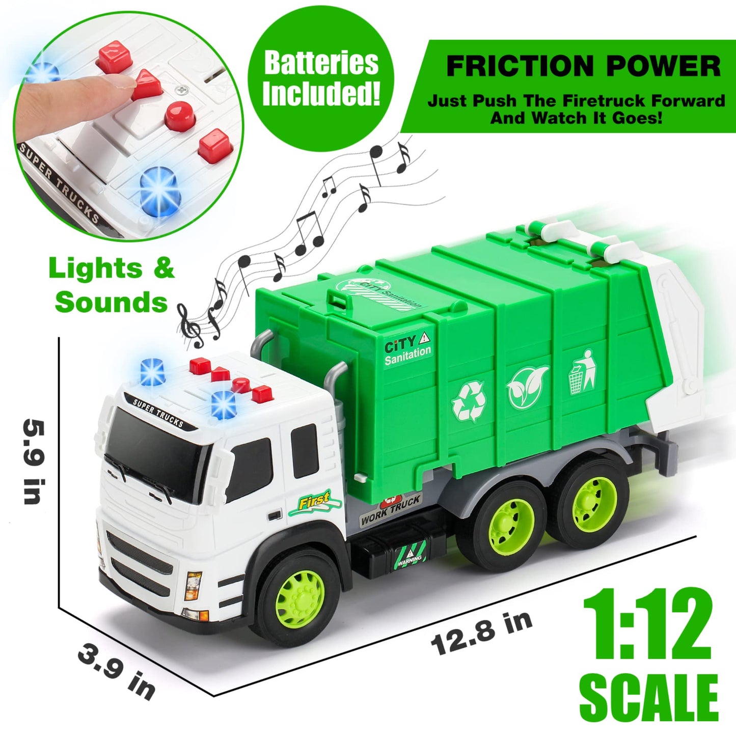 MOBIUS Toys Garbage Truck Friction-Powered - 1:12 Scale Large Size Truck w/Sounds, Lights, Loader, 4 Trash Cans for Learning Was