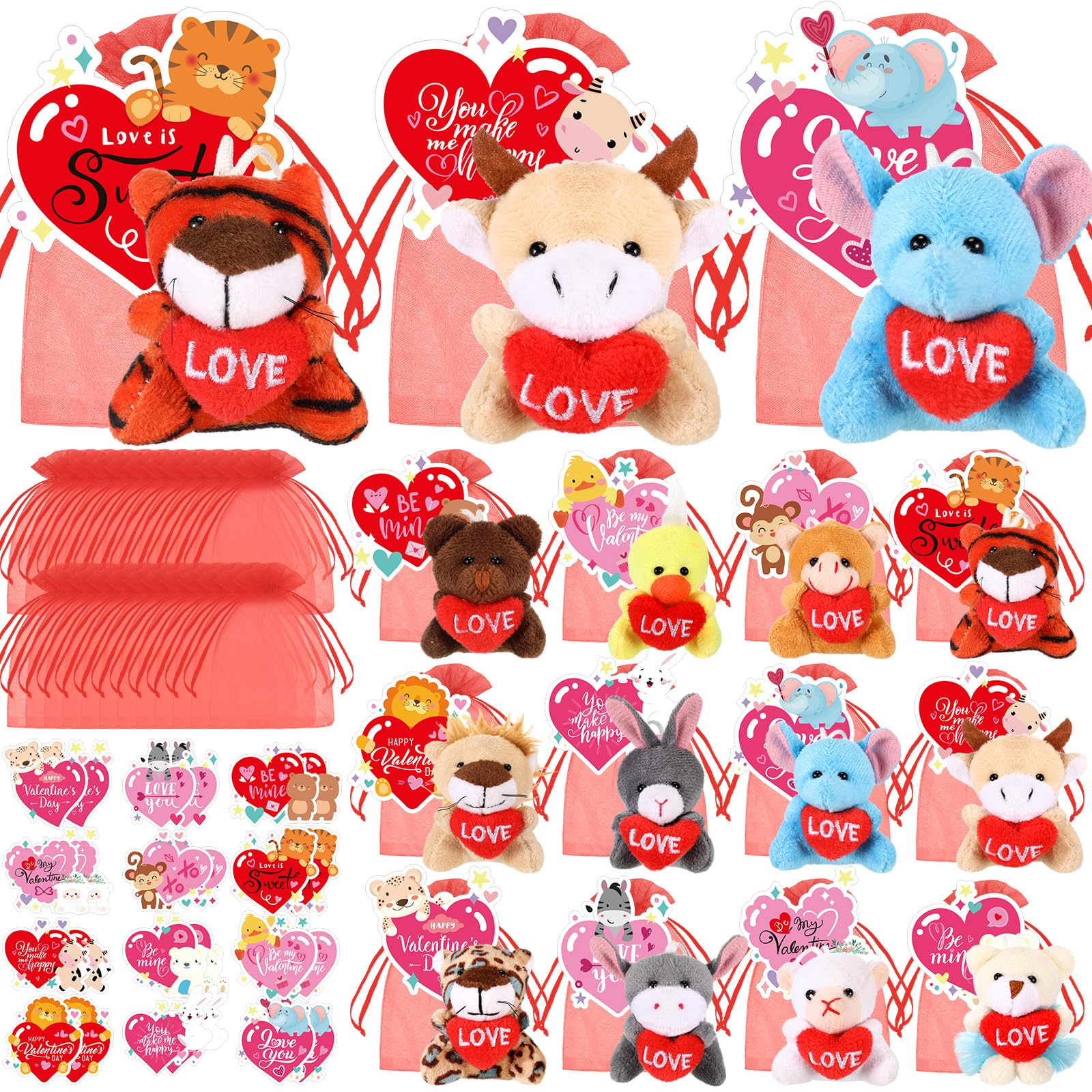 Blueweenly 72 Pcs Valentines Day Gifts For Kids,24 Set Valentines Mini Stuffed Animals Set For Kid Classroom,Valentines Plush An