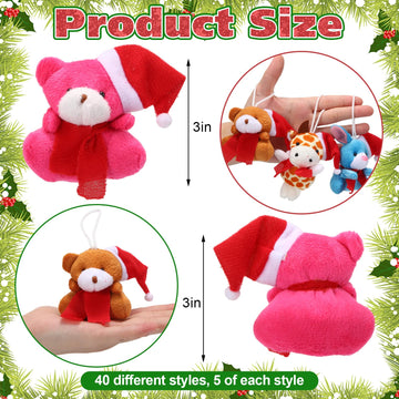 Poen 200 Pcs Mini Christmas Stuffed Animals Bulk Mini Plush Christmas Tree Hanging Decorations Plush Key Chain Animal Toy Set Sm
