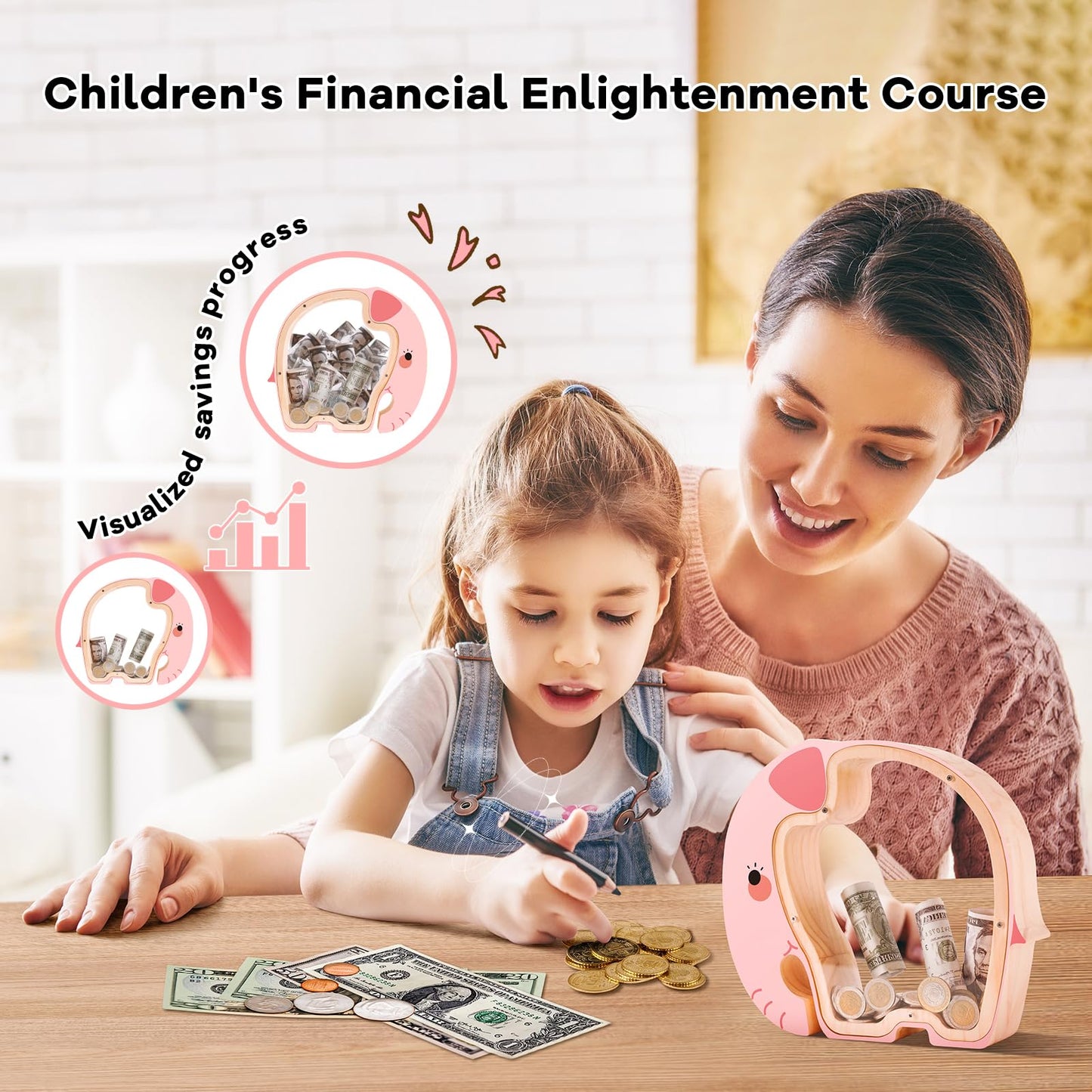 Wooden Pink Elephant Piggy Banks for Kids, Unbreakable Rabbit Coin Bank for Kids with Letter Sticker, Wooden Cashbox Money Jar P